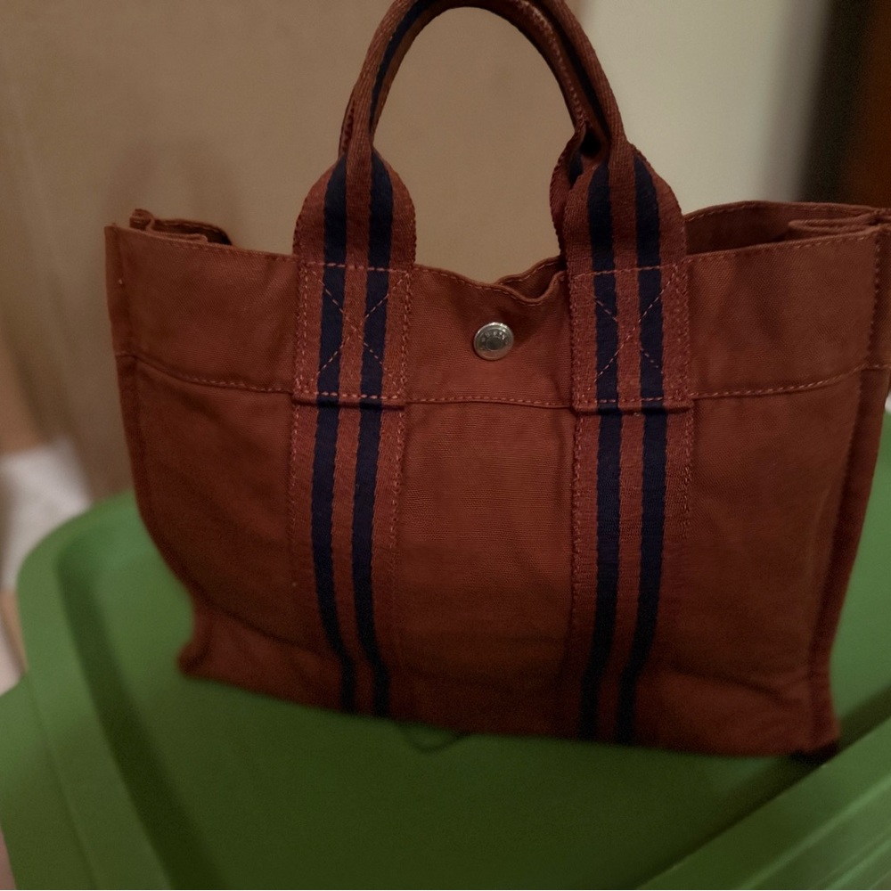 Hermes Brown Tote with Navy Stripes